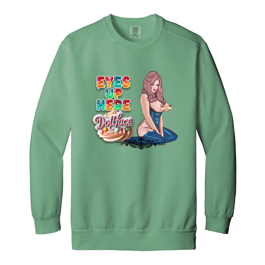 "Eyes Up Here, Doll Face" - Comfort Colors 1566 - Light Green - exact saved CustomCat production render