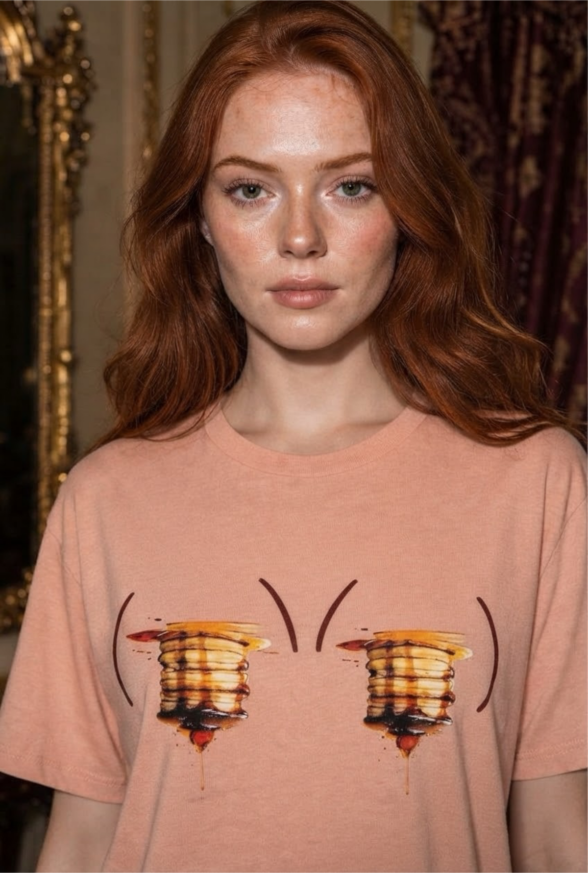 Stacked & Sweet pancake graphic close-up on Heather Peach sleep shirt