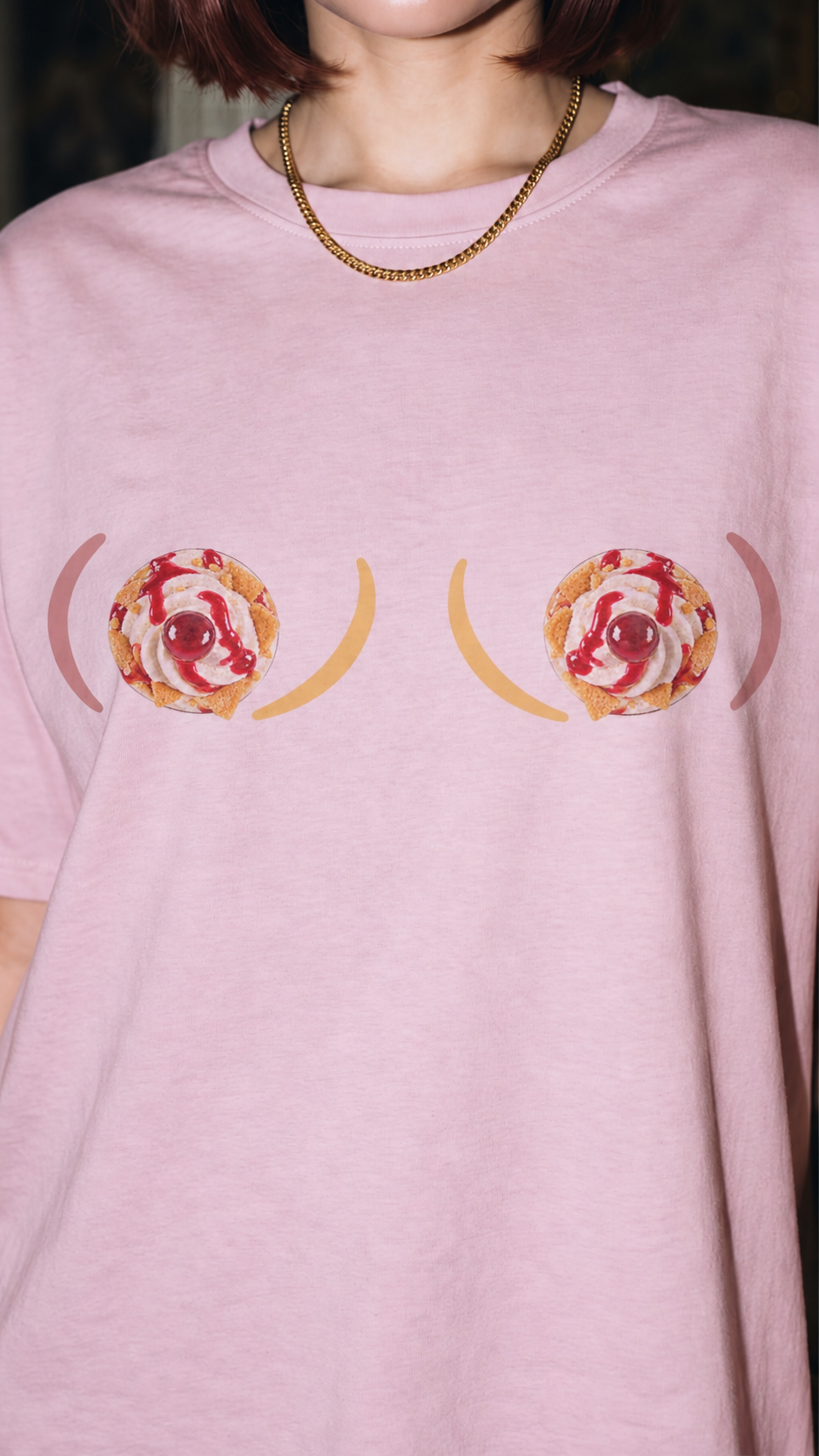Cherry Nibbles Pink sleep shirt print close-up