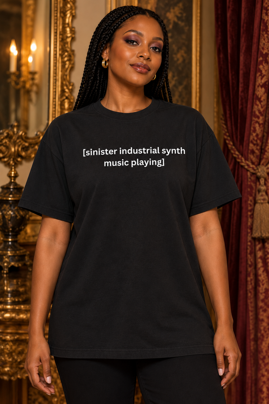Sinister Industrial Synth Music Playing black oversized tee - standing braided model, shirt-focused portrait