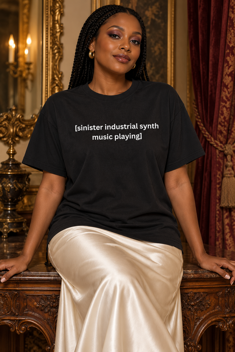 Sinister Industrial Synth Music Playing - black oversized tee on a seated model with braids in the gilded salon
