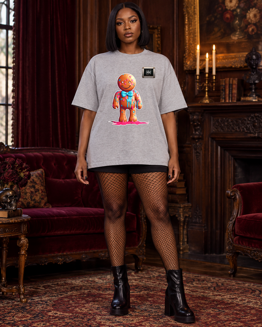 Cookie Cutter Dexter oversized Athletic Heather tee, styled with fishnet tights