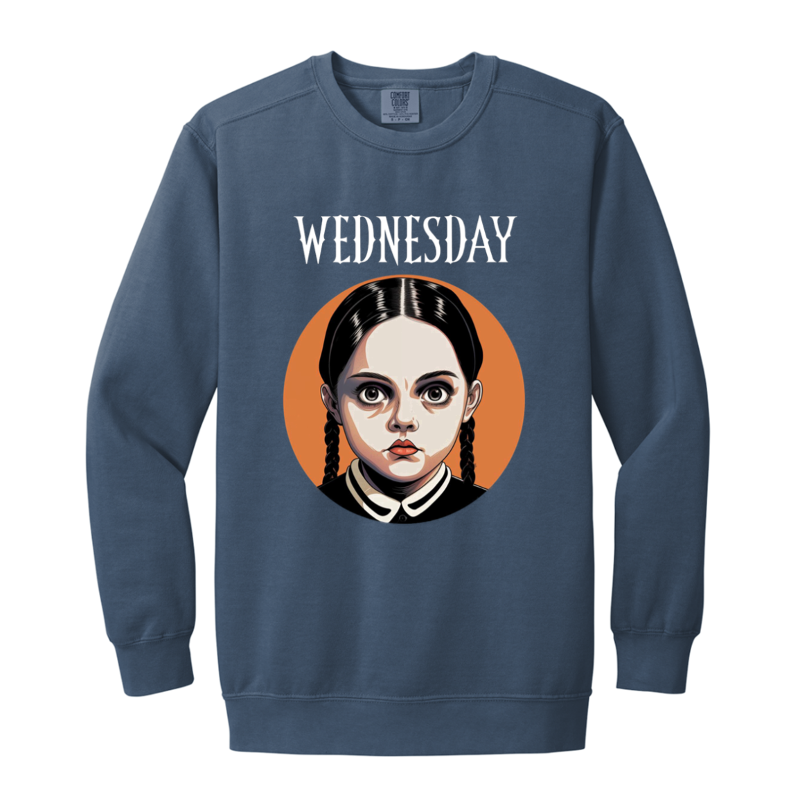 Wednesday - Heavyweight Sweatshirt — Blue Jean, actual CustomCat production placement