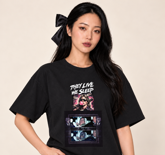 THEY LIVE: Andrew Mount-Pedo Goes To Jail - Unisex Oversized Boxy Tee — Black, existing Treattees model, direct crop, original print unchanged