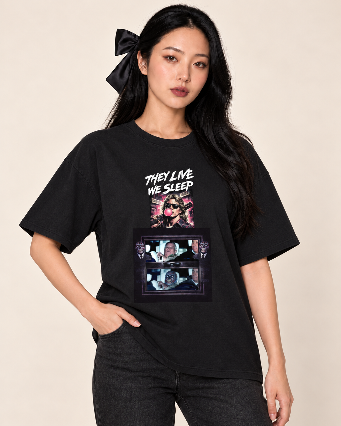 THEY LIVE: Andrew Mount-Pedo Goes To Jail - Unisex Oversized Boxy Tee — Treattees studio model, corrected print placement