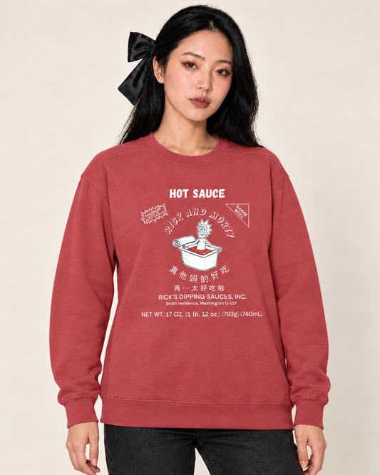 Rick's Hot Sauce - Sweatshirt — Crimson on Treattees studio model, matching actual CustomCat print placement