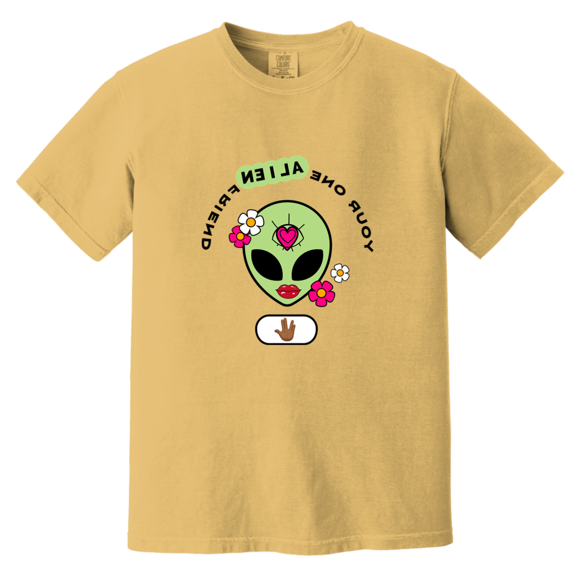 Your One Alien Friend-MIRRORVERSE — Mustard Comfort Colors1717, actual CustomCat print placement