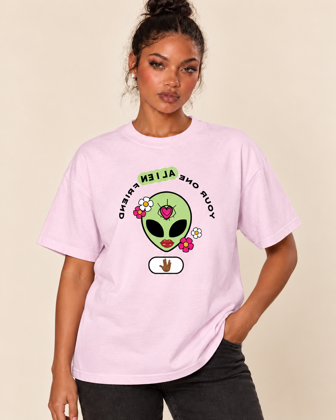 Your One Alien Friend-MIRRORVERSE  - Unisex Oversized Boxy Tee — Blossom on Treattees studio model, matching actual CustomCat print placement