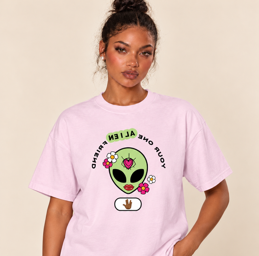 Your One Alien Friend-MIRRORVERSE – Relaxed Heavyweight Tee — Blossom, existing Treattees model, direct crop, original print unchanged