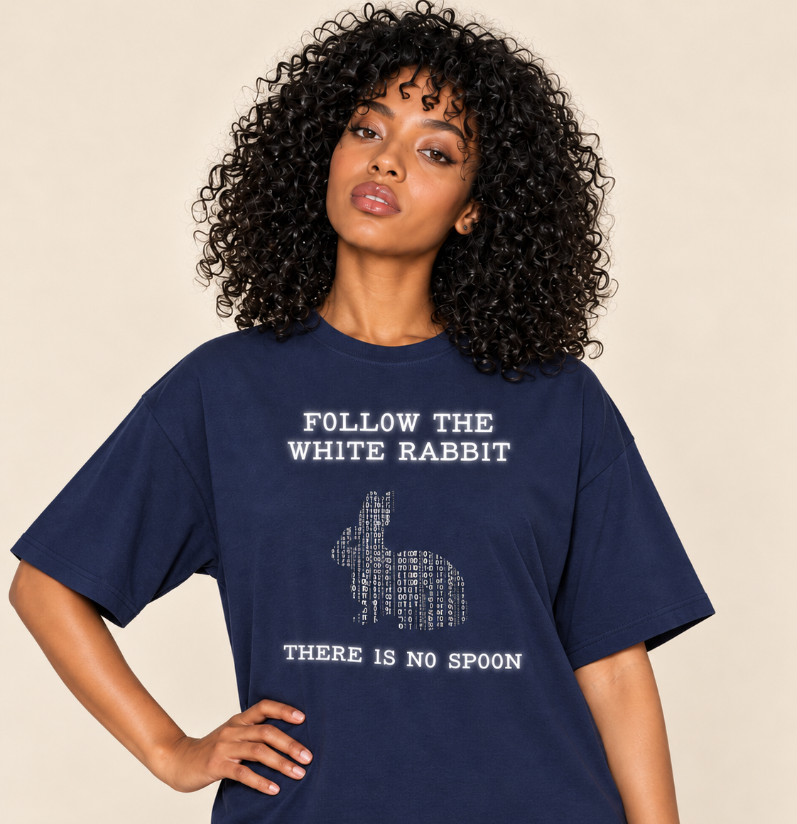 Follow The White Rabbit - Oversized Tee — Navy, existing Treattees model, direct crop, original print unchanged
