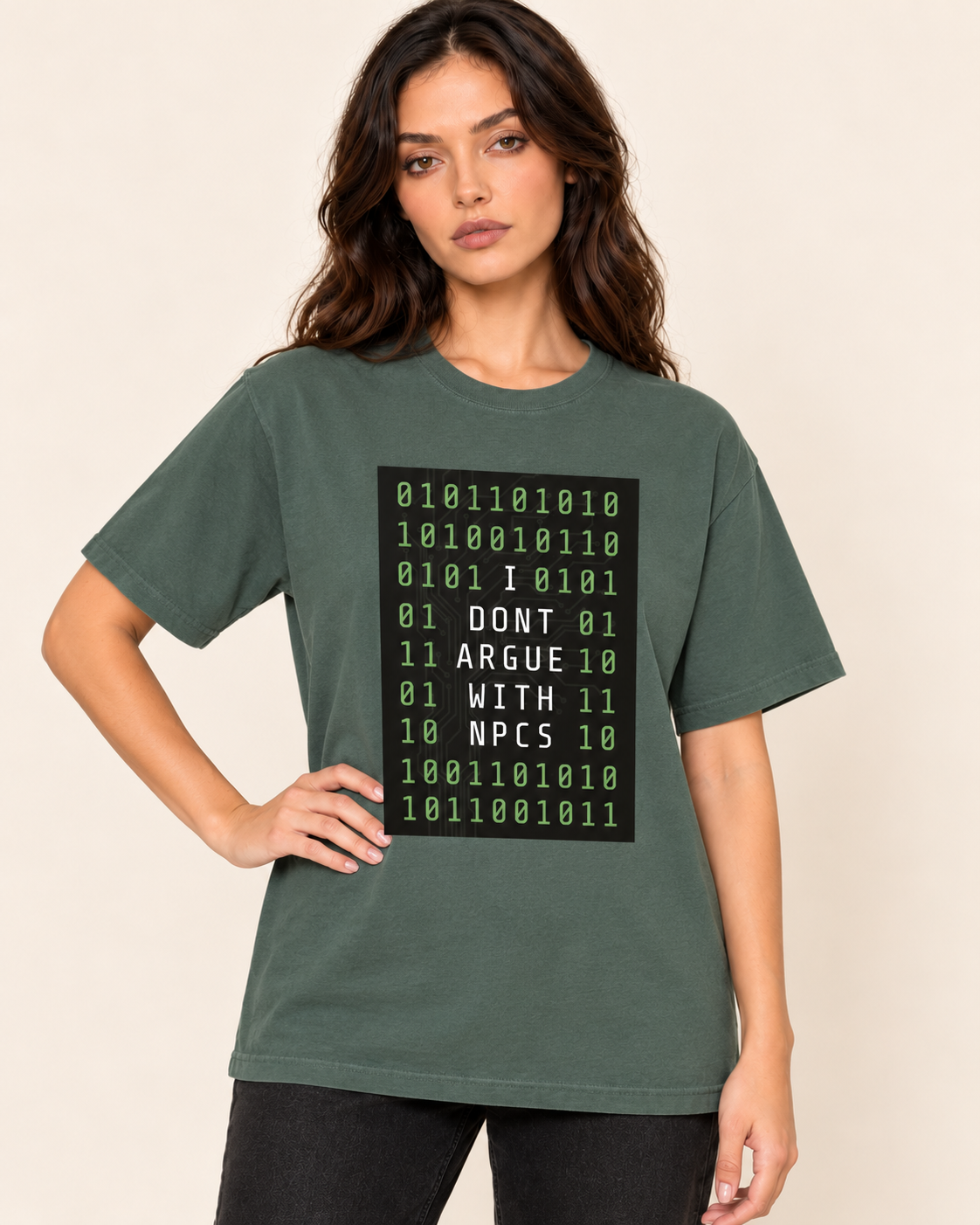 I Don't Argue With NPCS - Oversized Tee — Blue Spruce on Treattees studio model, matching actual CustomCat print placement