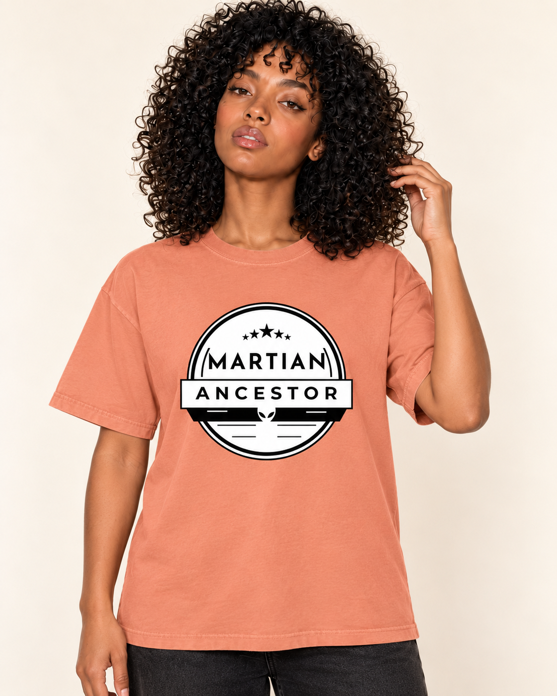 Martian Ancestor - Oversized Tee — Terracotta on Treattees studio model, matching actual CustomCat print placement