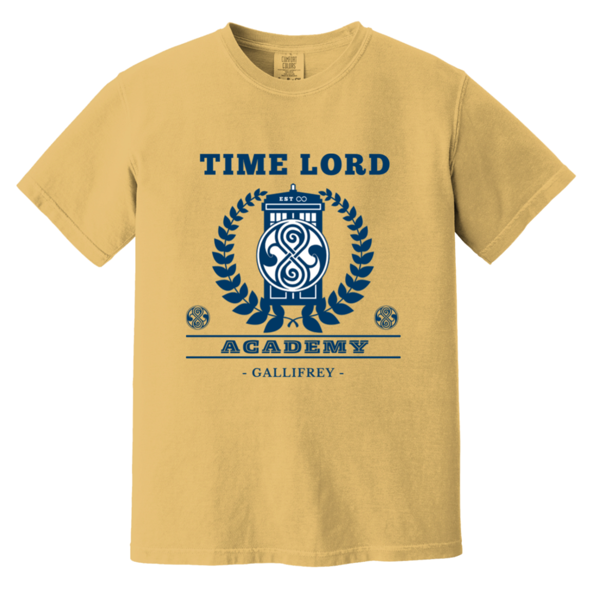 Time Traveler Academy — Mustard Comfort Colors1717, actual CustomCat print placement