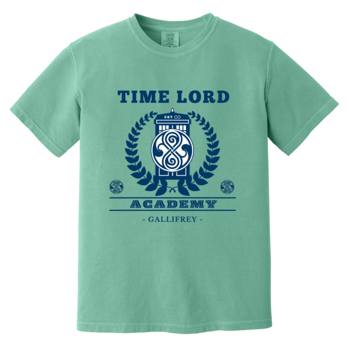 Time Traveler Academy — Seafoam Comfort Colors1717, actual CustomCat print placement