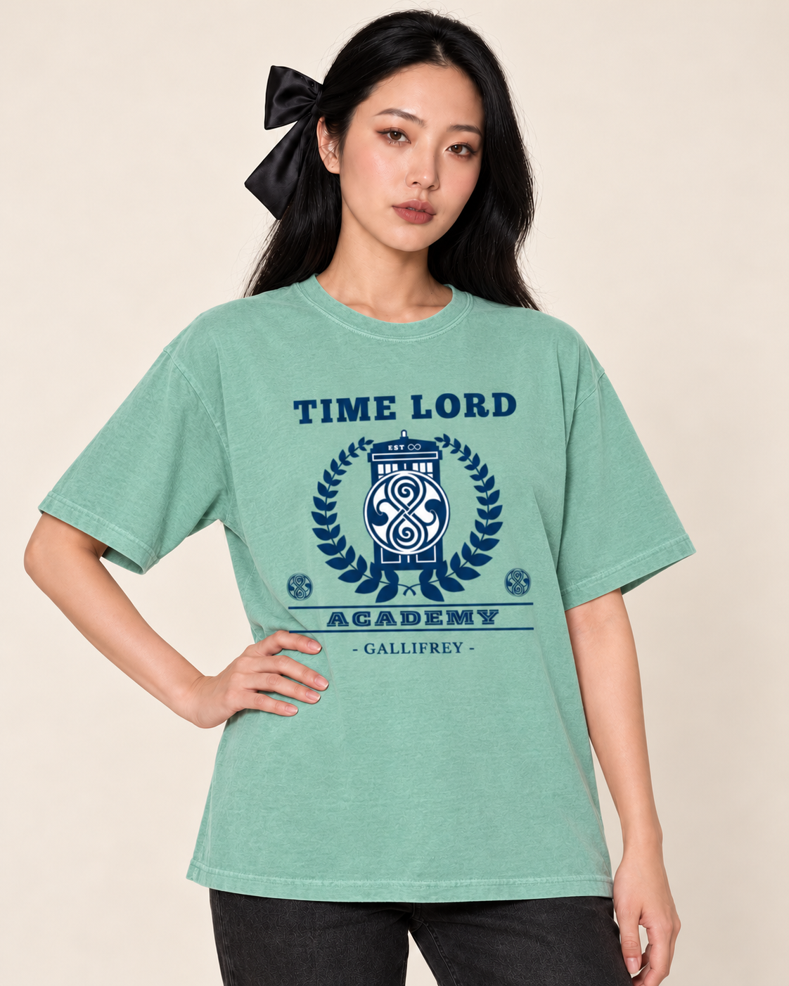 Time Traveler Academy - Unisex Oversized Boxy Tee — Seafoam on Treattees studio model, matching actual CustomCat print placement