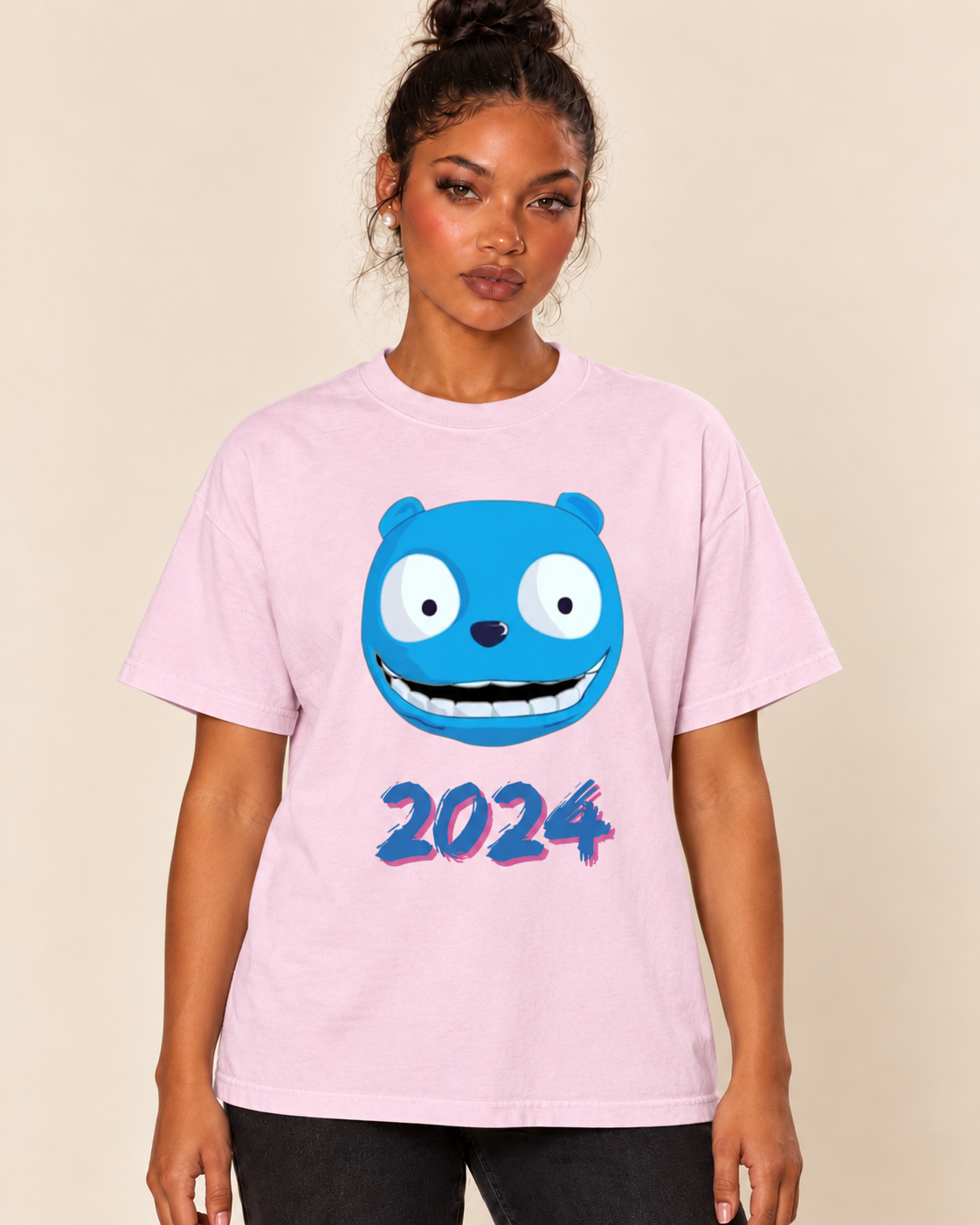 Vote 2024 - Unisex Oversized Boxy Tee — Blossom on Treattees studio model, matching actual CustomCat print placement