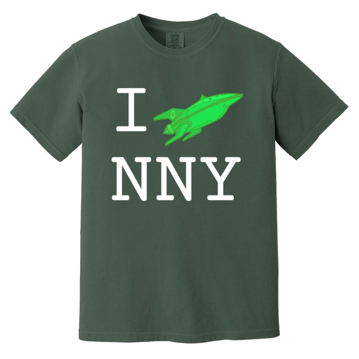 I Ship New New York — Blue Spruce Comfort Colors1717, actual CustomCat print placement