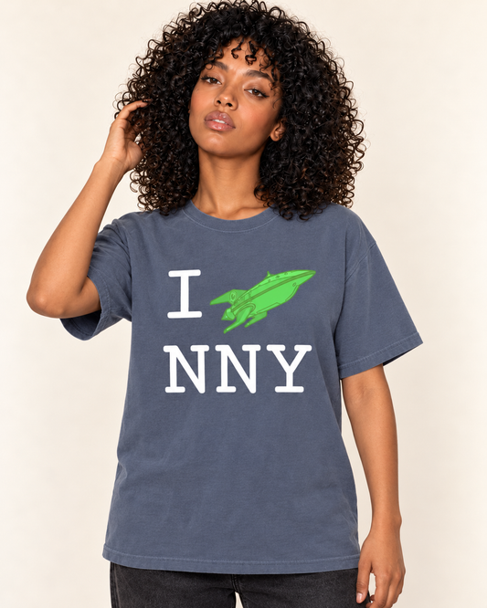 I Ship New New York - Oversized Tee — Denim on Treattees studio model, matching actual CustomCat print placement