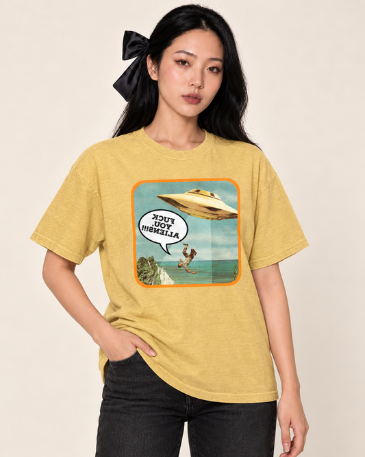“F-k You, Aliens”- MIRRORVERSE - Oversized Tee — Mustard on Treattees studio model, matching actual CustomCat print placement