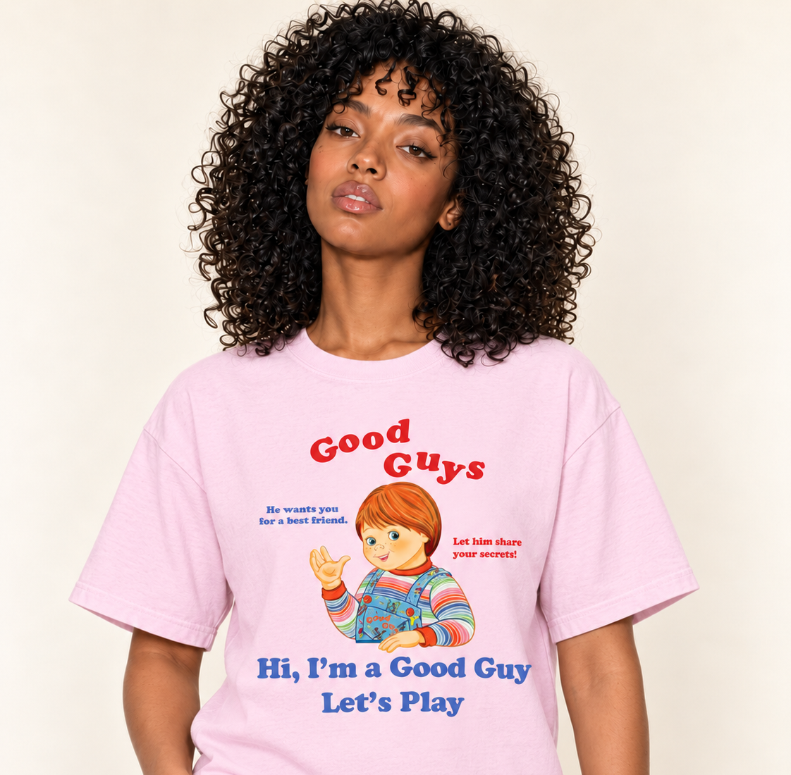 Good Guys – Relaxed Heavyweight Tee — Blossom, existing Treattees model, direct crop, original print unchanged