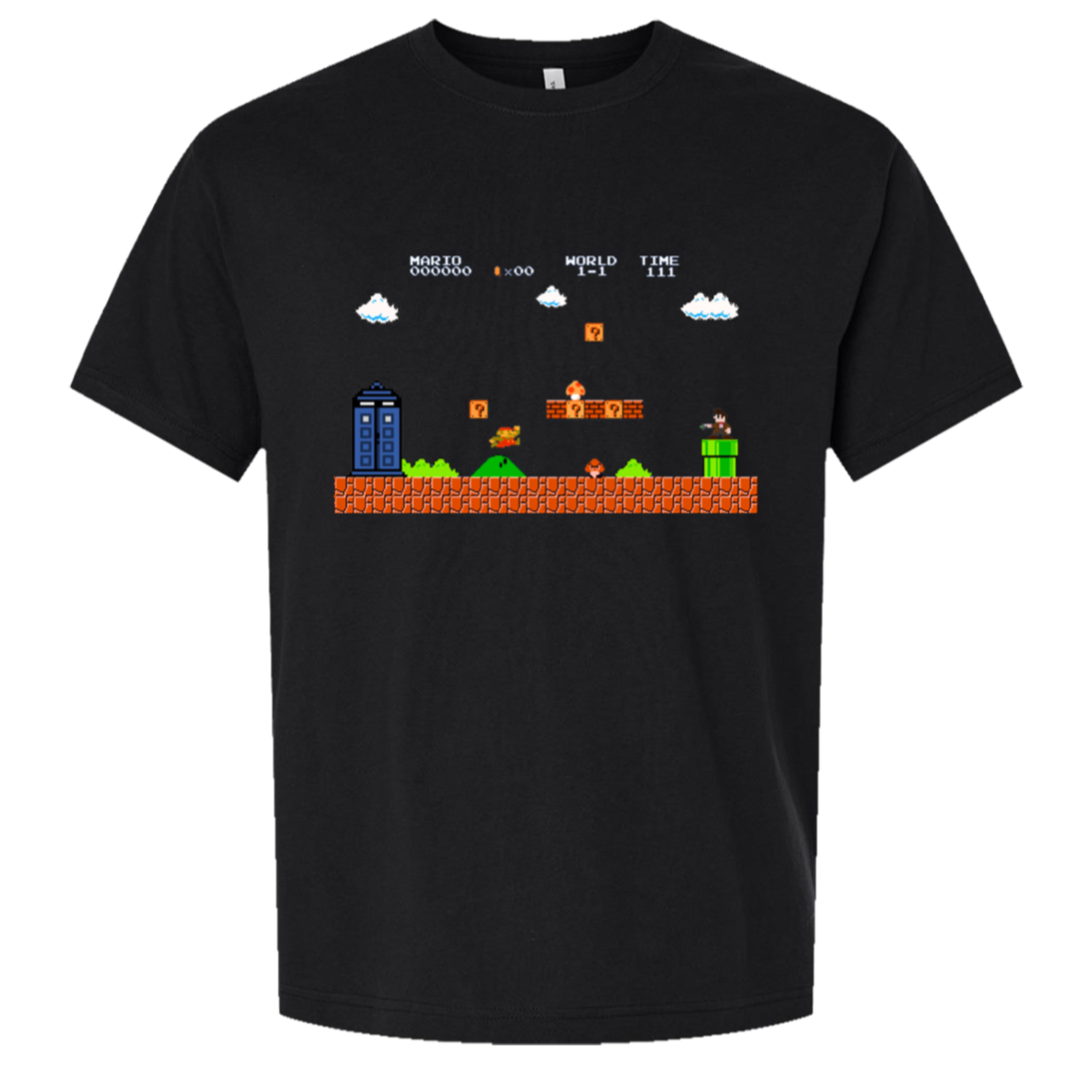 Italian Plumber Tardis - Tee — Black, actual CustomCat production placement