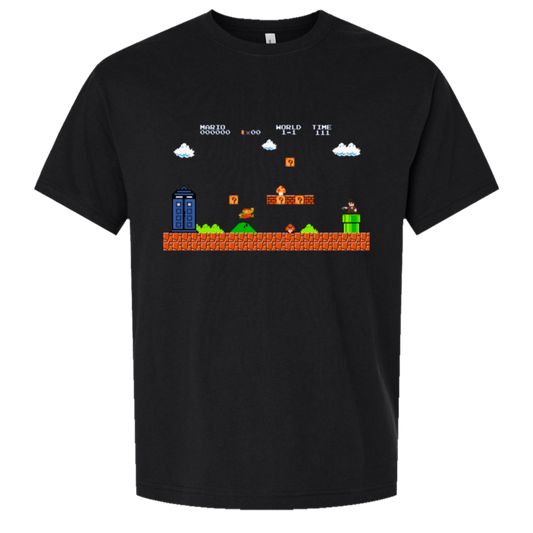 Italian Plumber Tardis - Tee — Black, actual CustomCat production placement