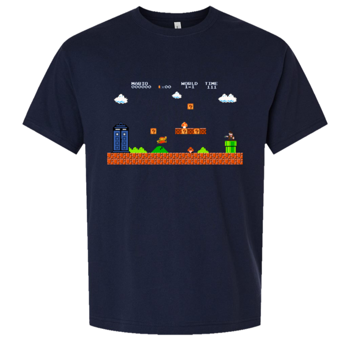Italian Plumber Tardis - Tee — Navy, actual CustomCat production placement