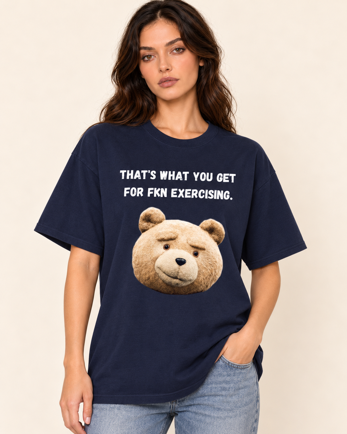 That's What You Get  - Oversized Tee — Navy on Treattees studio model, matching actual CustomCat print placement