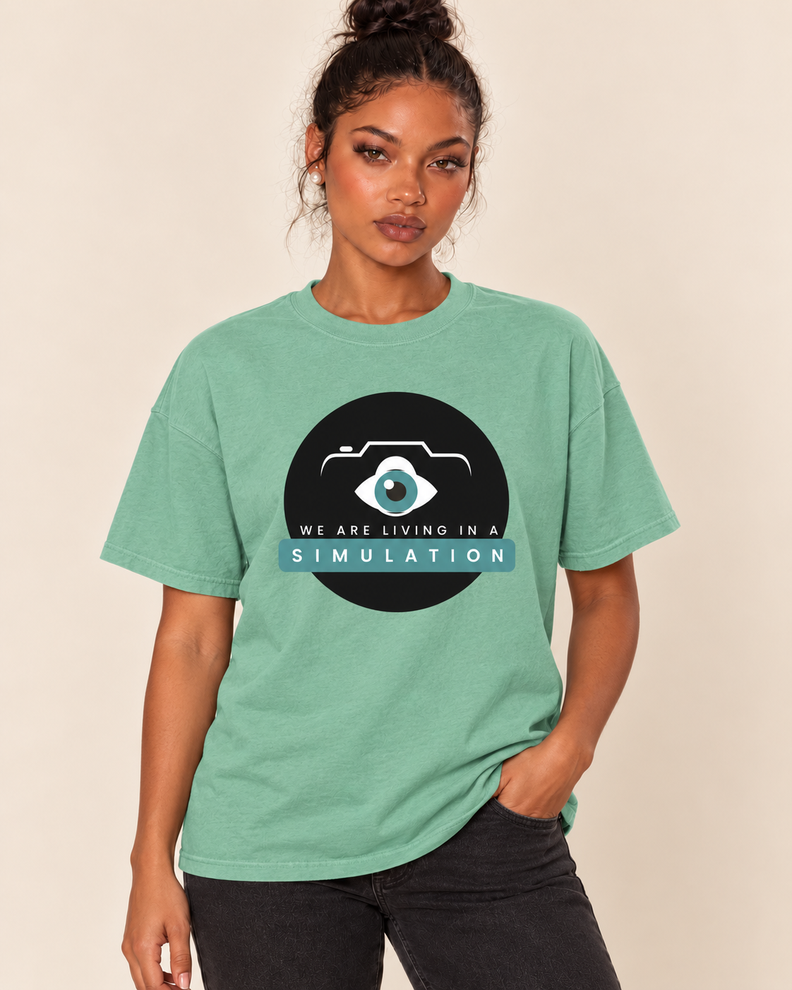 We Are In A Simulation  - Unisex Oversized Boxy Tee — Seafoam on Treattees studio model, matching actual CustomCat print placement