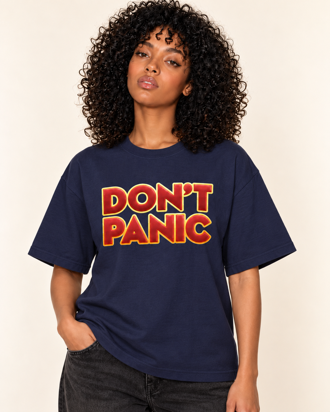 Don't Panic - Oversized Tee — Navy on Treattees studio model, matching actual CustomCat print placement