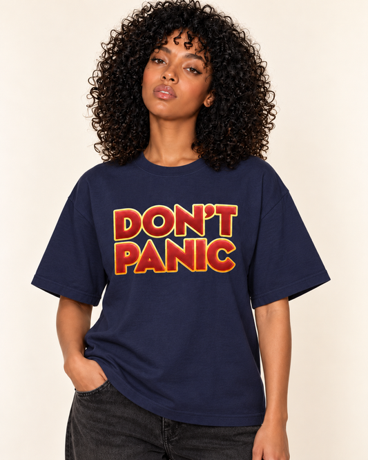 Don't Panic - Oversized Tee — Navy on Treattees studio model, matching actual CustomCat print placement