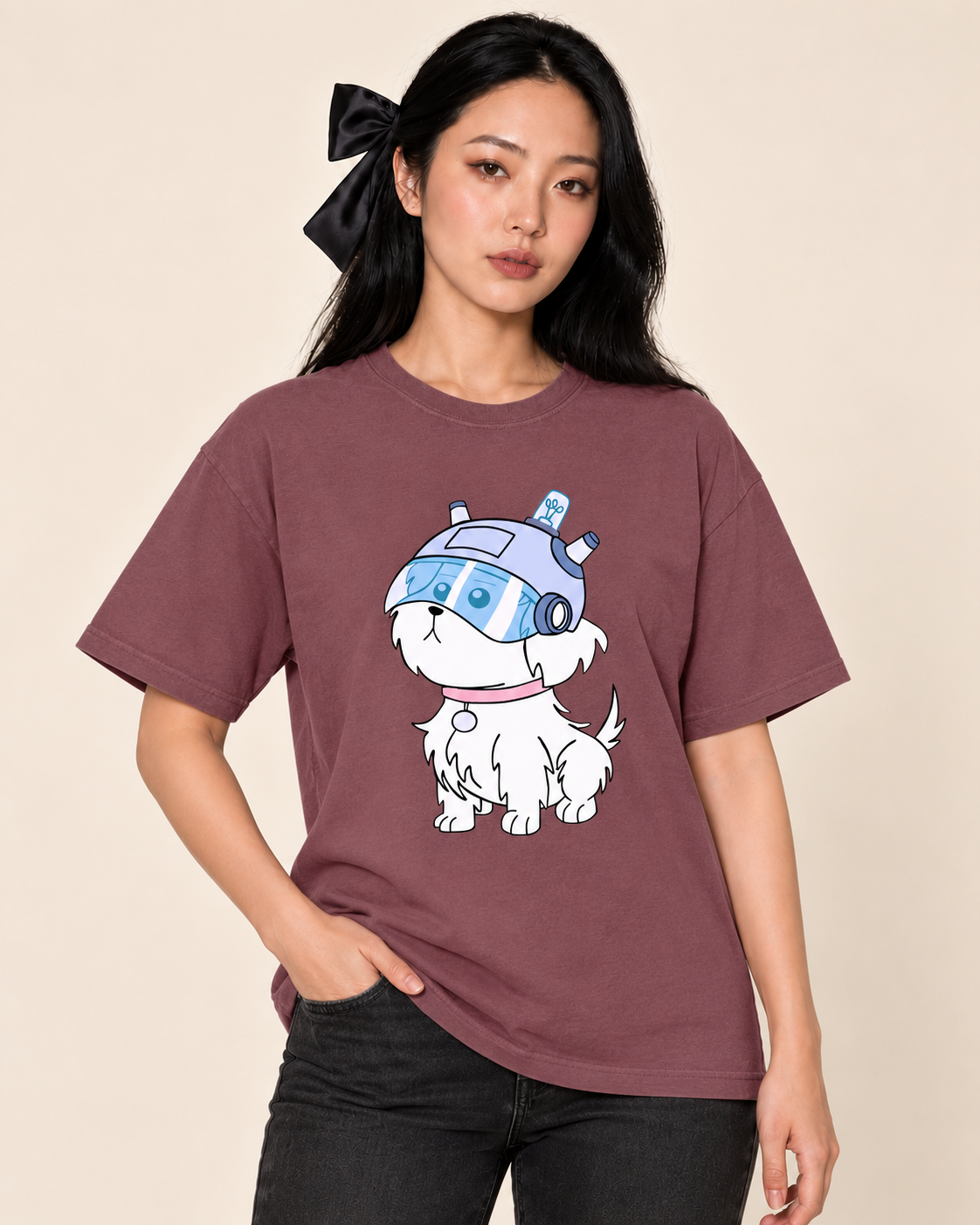Where are my B*lls? - Oversized Tee — Berry on Treattees studio model, matching actual CustomCat print placement