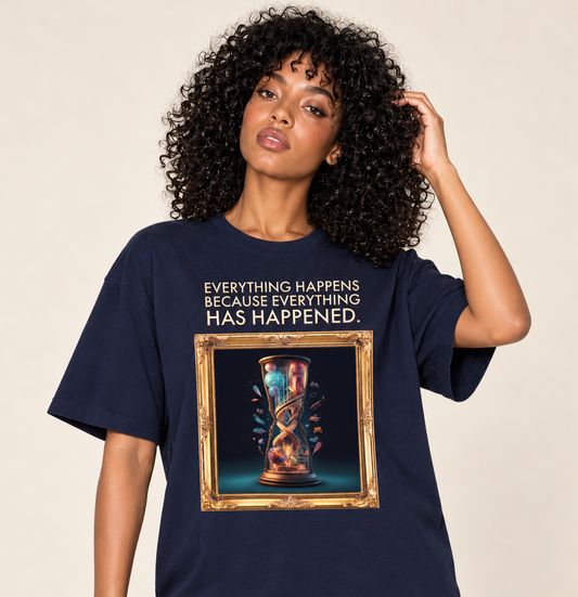 "Everything Has Already Happened"-Oversized Tee — Navy, existing Treattees model, direct crop, original print unchanged
