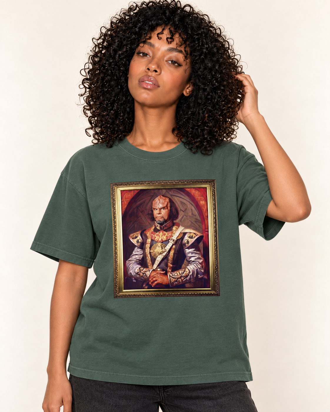 Renaissance Worf - Oversized Tee — Blue Spruce on Treattees studio model, matching actual CustomCat print placement