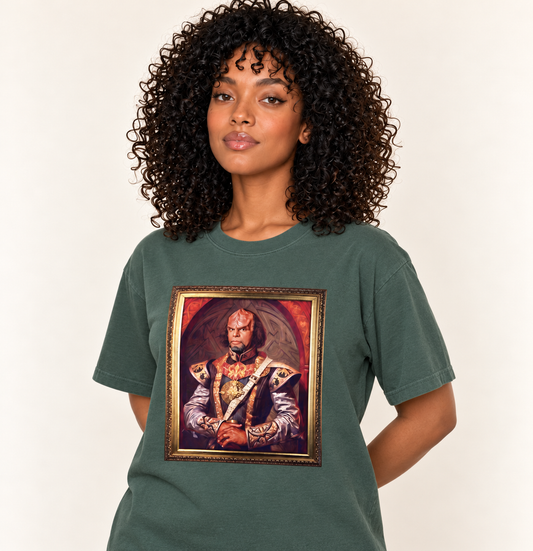 Renaissance Worf – Relaxed Heavyweight Tee — Blue Spruce, existing Treattees model in varied standing pose, faithful print and close crop