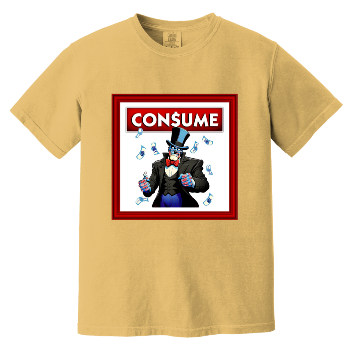 THEY CONSUME — Mustard Comfort Colors1717, actual CustomCat print placement