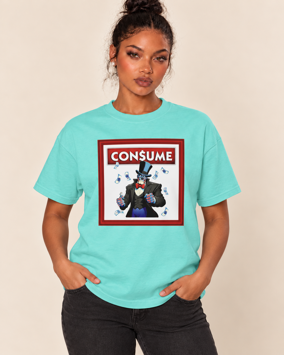 THEY CONSUME - Oversized Tee — Lagoon Blue on Treattees studio model, matching actual CustomCat print placement