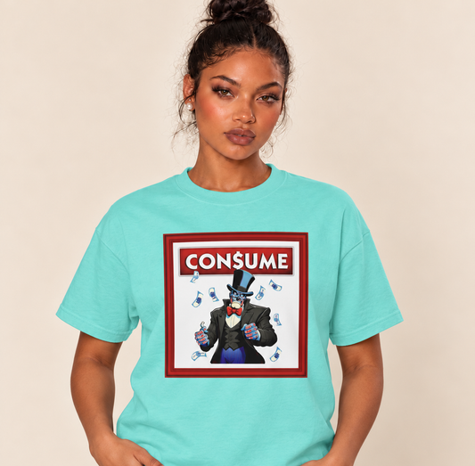THEY CONSUME – Relaxed Heavyweight Tee — Lagoon Blue, existing Treattees model, direct crop, original print unchanged