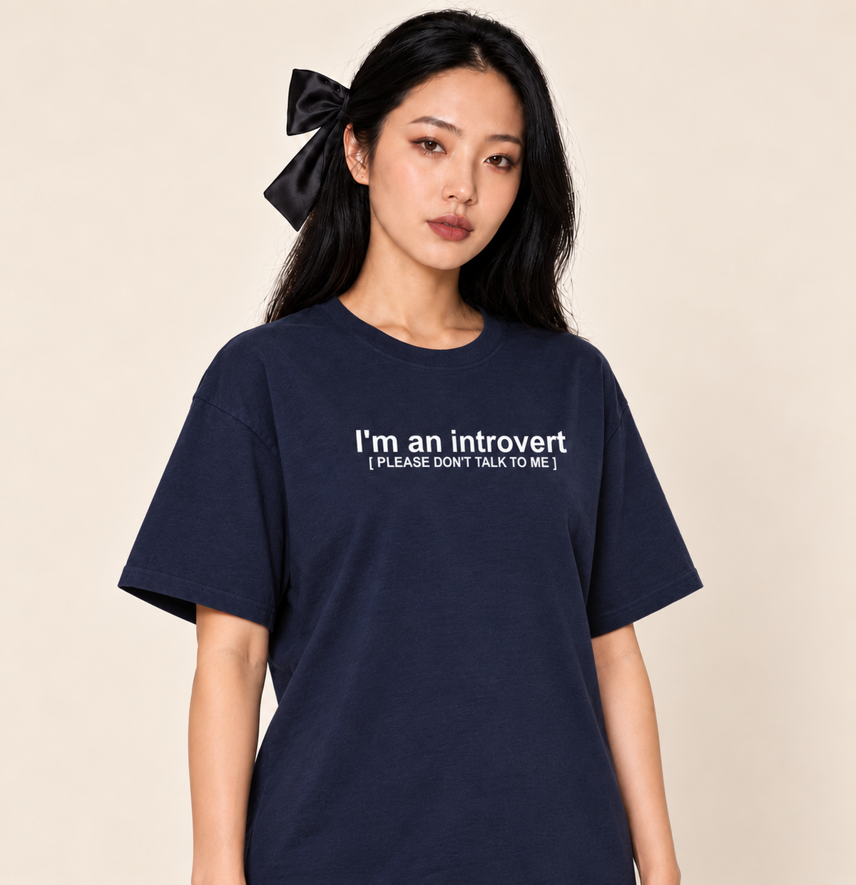 Introvert; Please Don’t Talk To Me - Oversized Tee — Navy, existing Treattees model in varied standing pose, faithful print and close crop