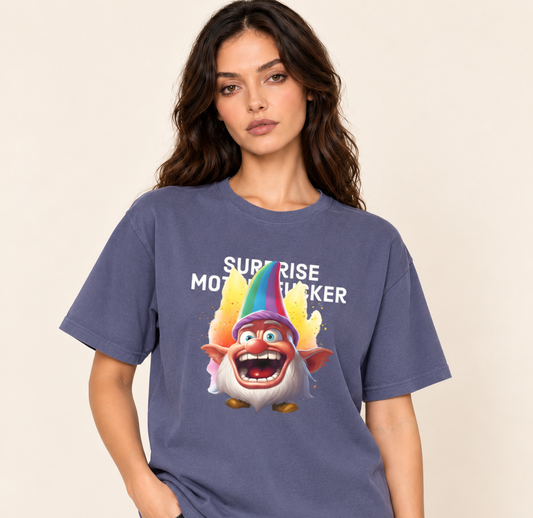 Surprise Motherf***r – Relaxed Heavyweight Tee — Grape Juice, existing Treattees model, direct crop, original print unchanged