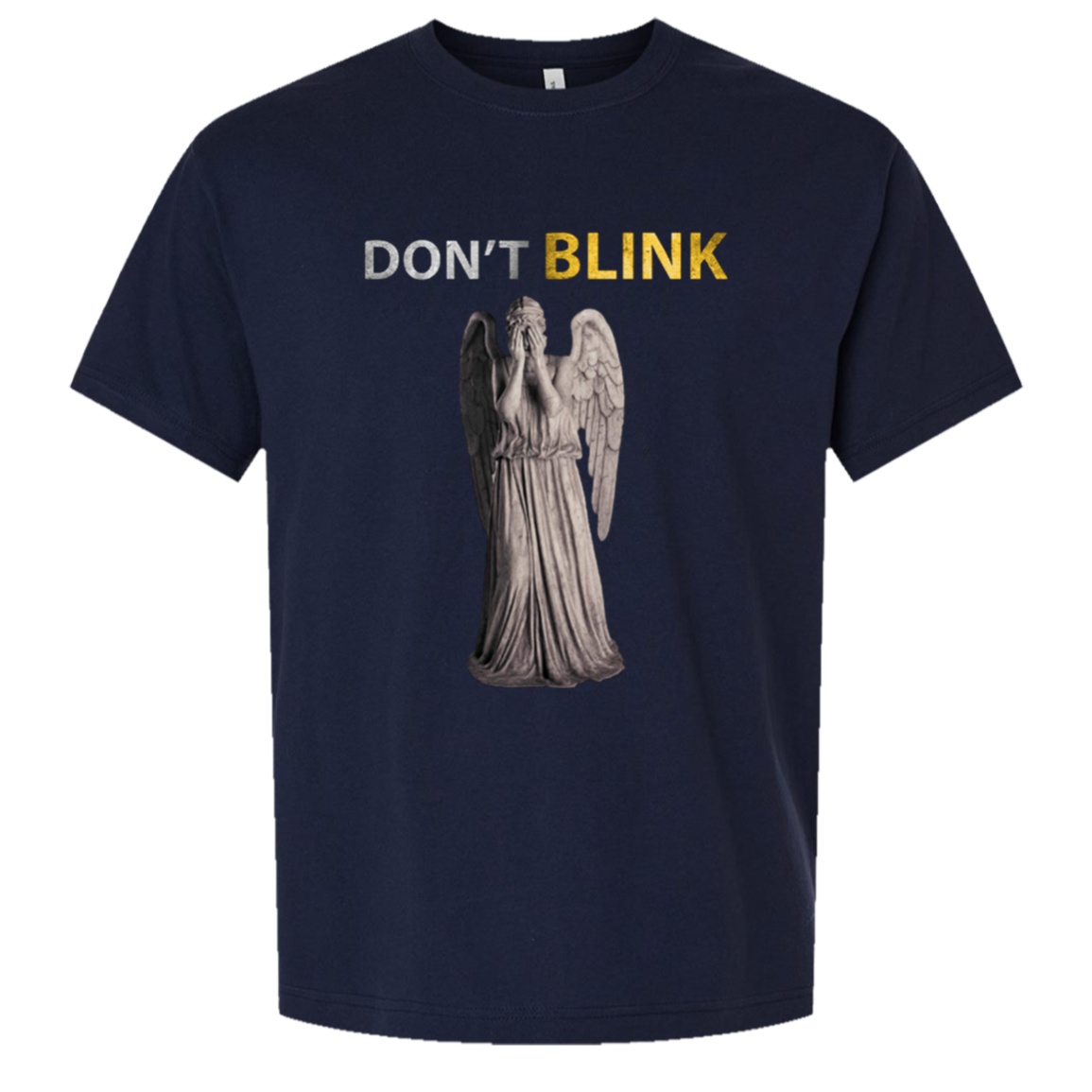 Don't Blink - Oversized Tee — Navy, corrected CustomCat print size and position
