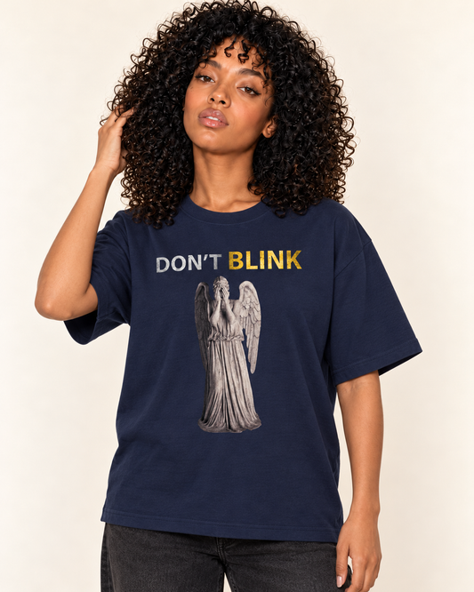 Don't Blink - Oversized Tee — Treattees studio model, corrected print placement