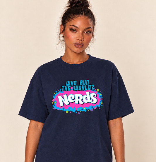 "Who runs the world? NERDS"-Oversized Tee — Navy, existing Treattees model, direct crop, original print unchanged