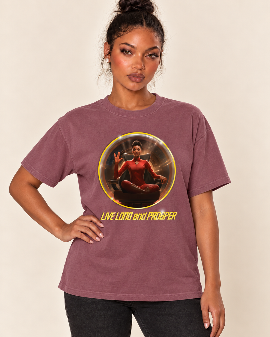 Live Long + Prosper - Oversized Tee — Berry on Treattees studio model, matching actual CustomCat print placement