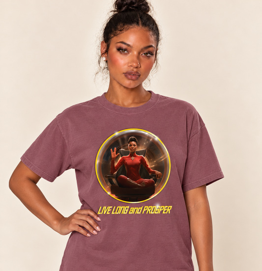 Live Long + Prosper – Relaxed Heavyweight Tee — Berry, existing Treattees model, direct crop, original print unchanged