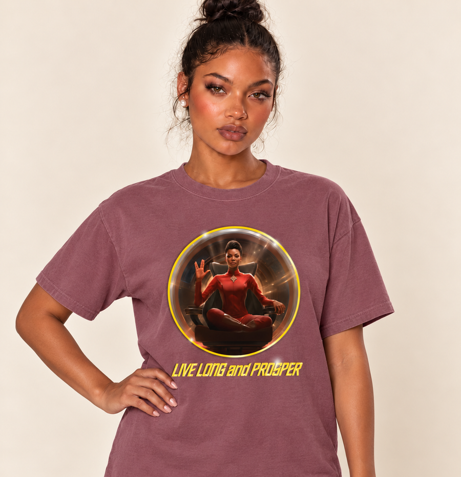 Live Long + Prosper – Relaxed Heavyweight Tee — Berry, existing Treattees model, direct crop, original print unchanged