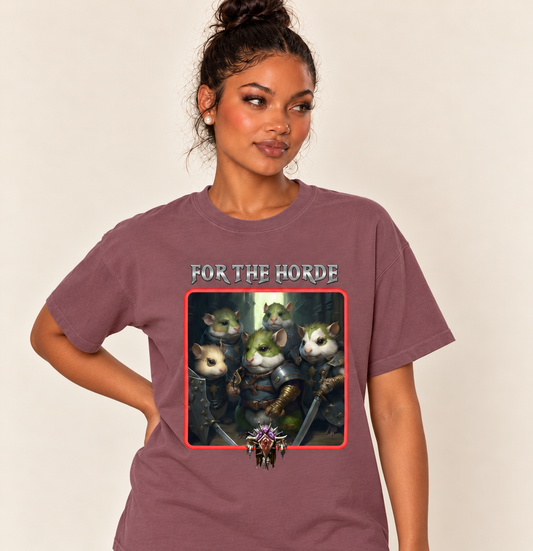 The Horde – Relaxed Heavyweight Tee — Berry, existing Treattees model in varied standing pose, faithful print and close crop
