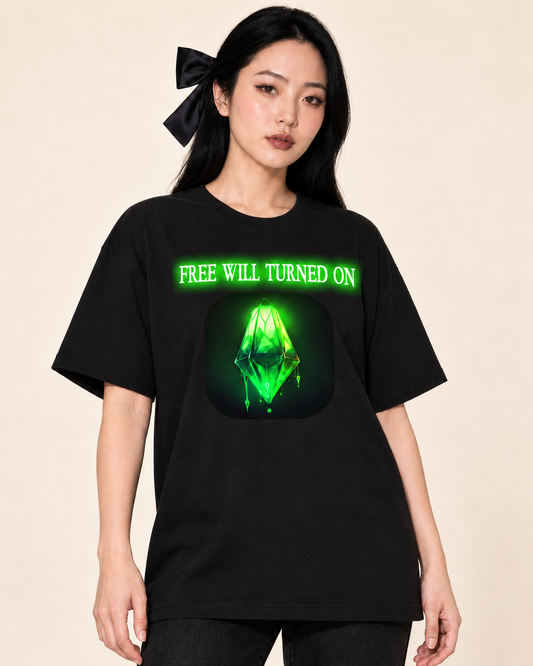 Free Will Turned On  - Oversized Tee — Black on Treattees studio model, matching actual CustomCat print placement
