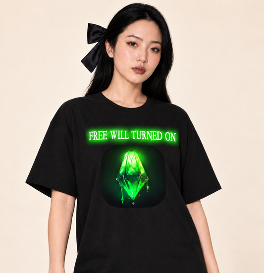 Free Will Turned On  - Oversized Tee — Black, existing Treattees model, direct crop, original print unchanged