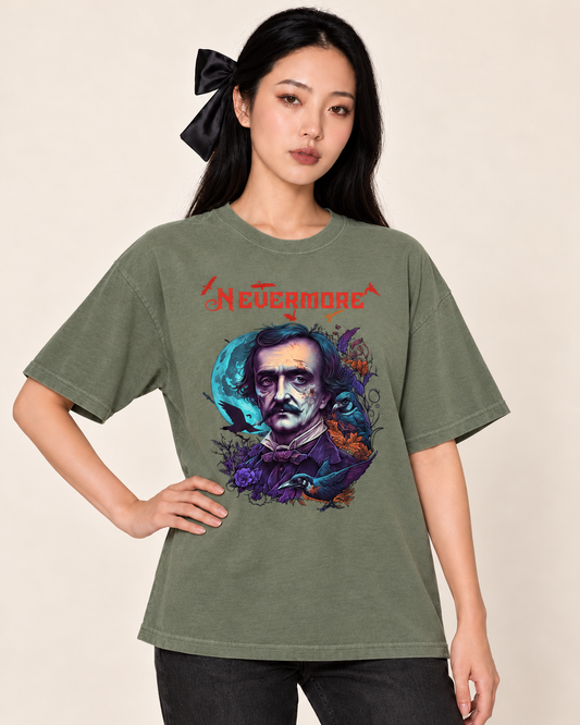 NEVERMORE - Oversized Tee — Sage on Treattees studio model, matching actual CustomCat print placement